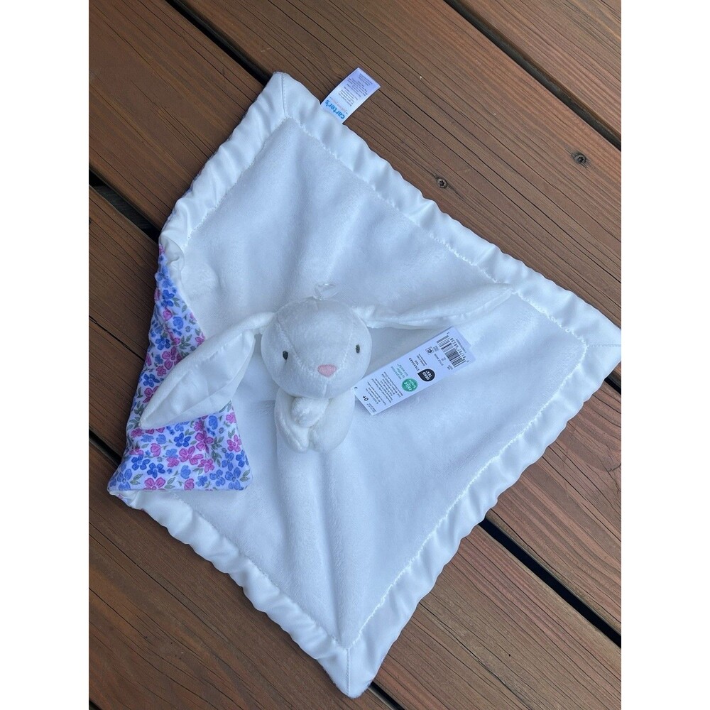 Carters Just One You White BUNNY Rabbit Plush Baby Lovey #68538 Floral Reverse